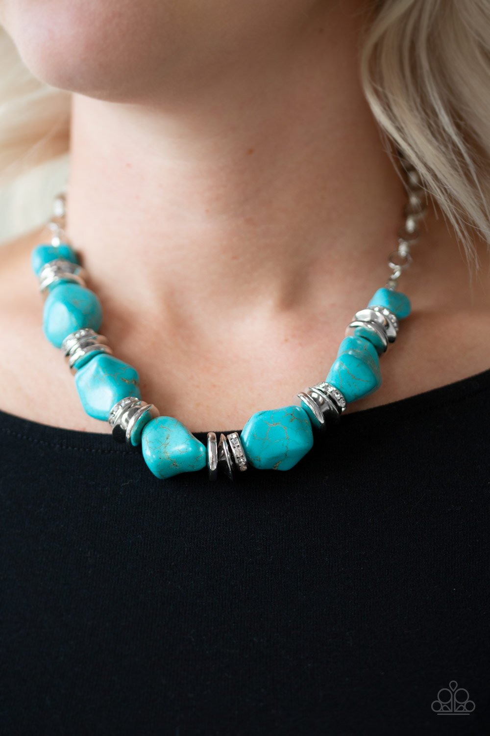 Stunningly Stone Age - Blue Turquoise and Rhinestone Necklace With Matching Earrings - A Diva Mentality 