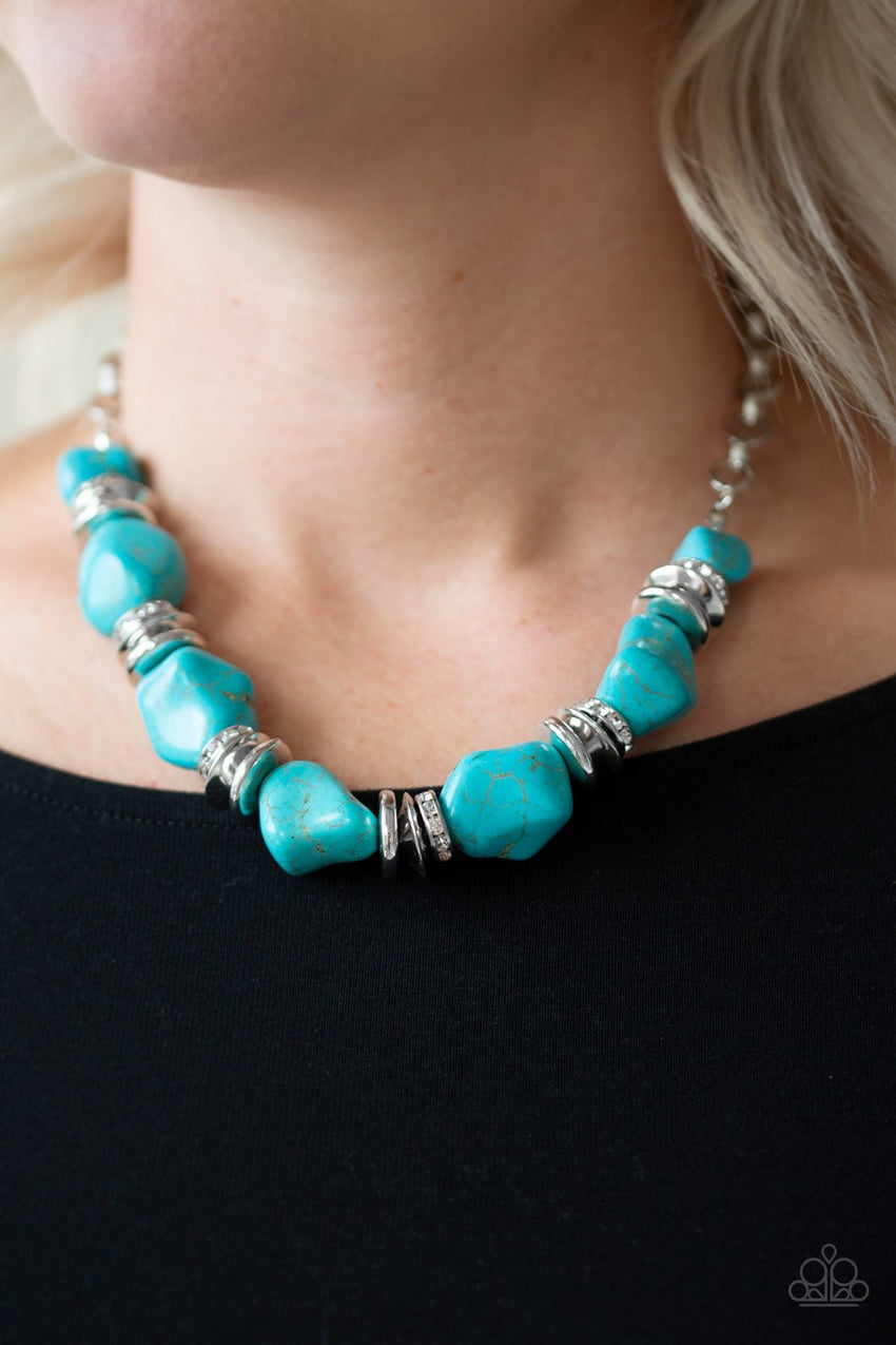 Stunningly Stone Age - Blue Turquoise and Rhinestone Necklace With Matching Earrings - A Diva Mentality 